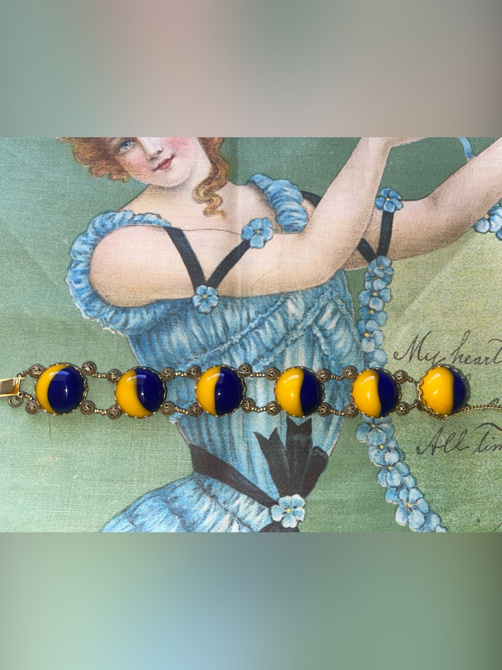 Miriam Haskell Blown Glass Royal Blue/Yellow Gold tone bracelet